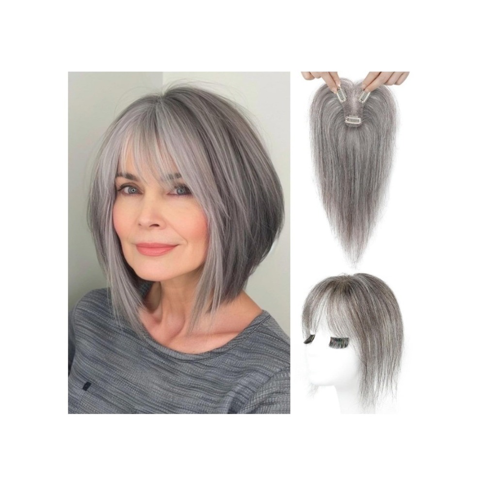 10" Real Human Hair Topper with Bangs Dark Gray 360 Seamless Clip In Extensions